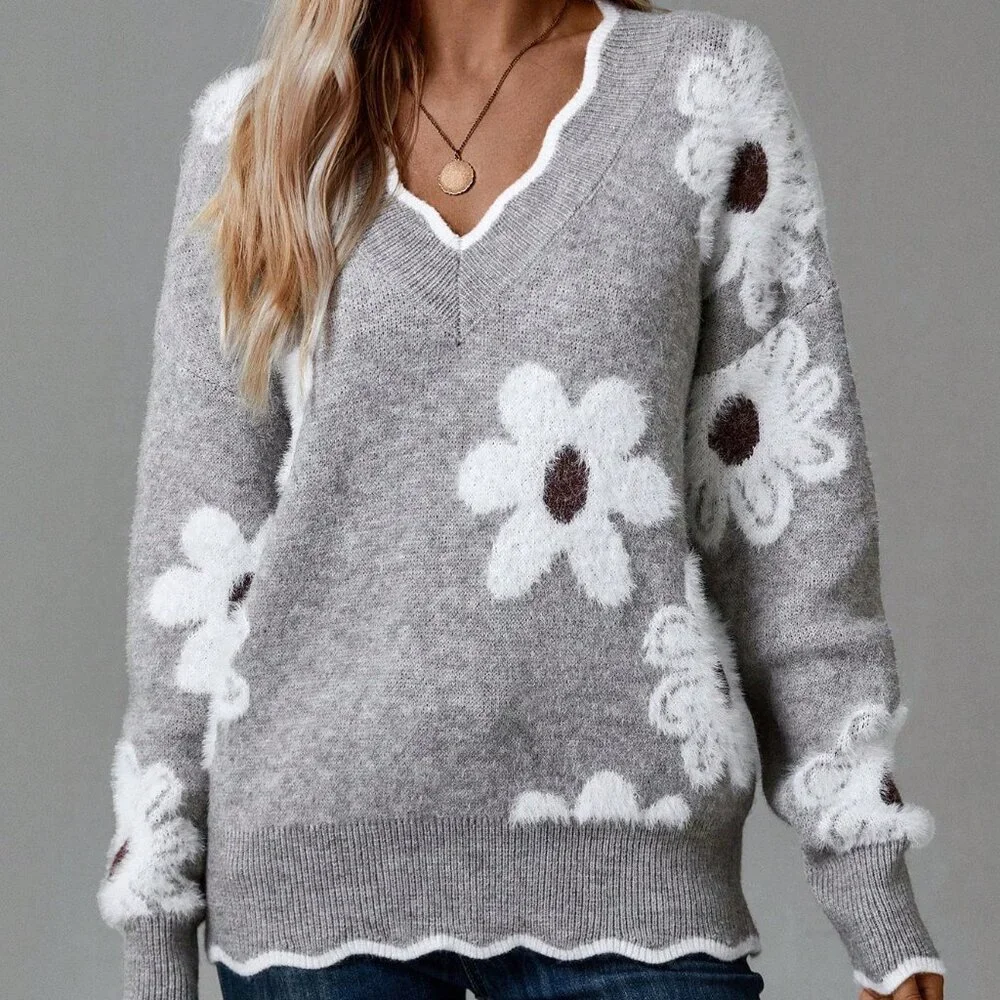 Grey Casual Women's Spring Floral Pattern Easter Family Sweater - Picture 5 of 5